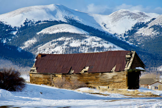 Como, Colorado, USA - February 12, 2024: An old wooden building in historic Como, a former coal mining and railroad town in Park County.