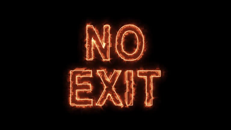 No Exit fire glowing animation on black background, 3d render, glowing neon text, modern cinematic colorful illumination. Motion Animation. 4k footage.