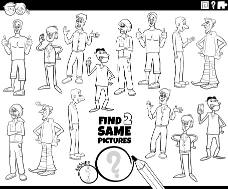 Cartoon illustration of finding two same pictures educational game with guys or young men characters coloring page