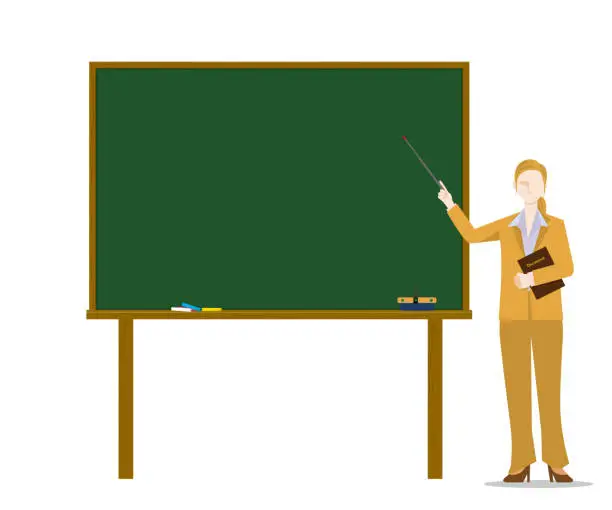 Vector illustration of Illustration of a white female character with a blackboard and a flat design, a lecture seminar image of a person