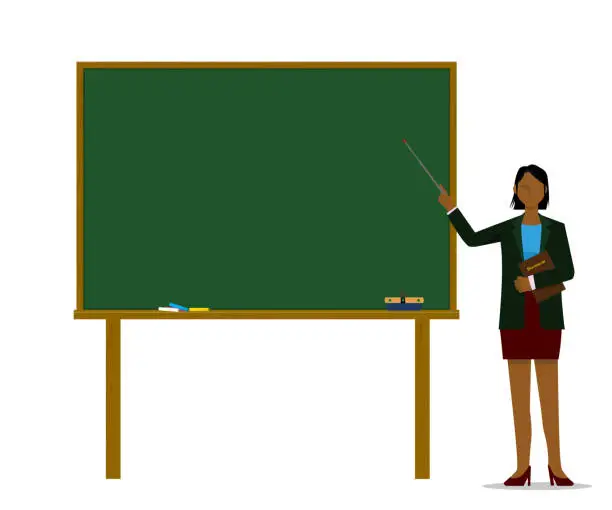 Vector illustration of Blackboard and flat design black female character, illustration of person lecture seminar image