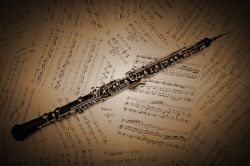 Oboe with music sheet notes classical musical instrument