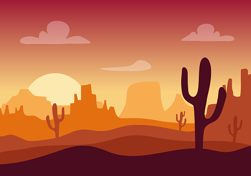 Desert sunset silhouette landscape. Arizona or Mexico western cartoon background with wild cactus, canyon mountain.