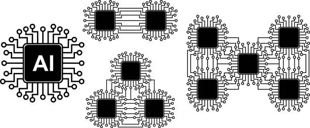 Vector illustration of microprocessor or AI central processing unite with multiple processors connecting together