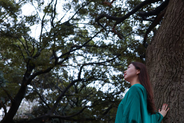 Young Japanese woman in the forest/woods, feeling the nature around them. Feeling Nature in the Forest