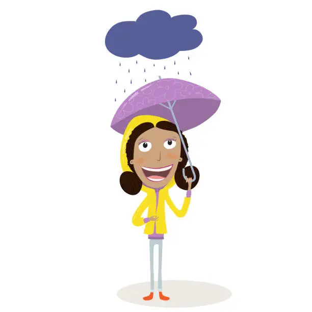 Vector illustration of Funny girl with an umbrella and yellow raincoat raining outside.