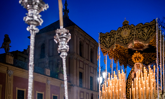 Virgen de los Dolores (Our Lady of Sorrow) in front of San Telmo Palace, Holy Tuesday, Seville, Spain