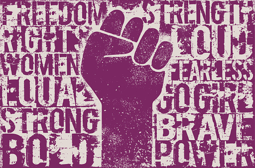 International Women's Day design featuring fists up symbol as a stencil urban wall painting. To use as cards, posters, and banners. Female movements and empowering issues. Landscape format.