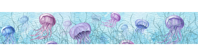 Floating medusa flock among plants. Seamless banner. Blue and violet jellyfish. Jellyfishes with long poisonous tentacles. Sea animals. Watercolor illustration. For package, design