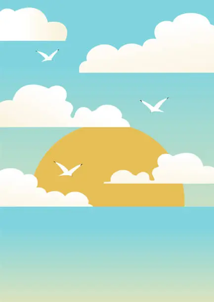 Vector illustration of Sea in the morning and flying birds illustration poster. Childish art with flying seagulls among clouds