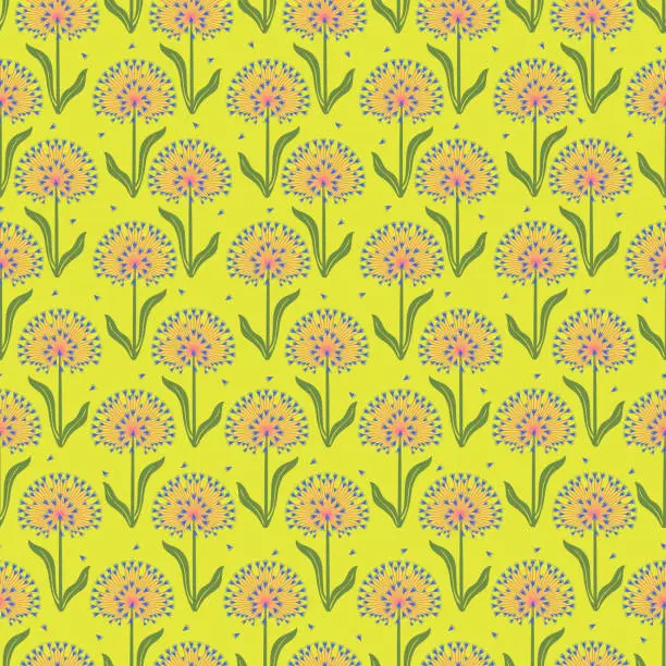 Vector illustration of Seamless pattern with garden onion flowers, allium. Spring meadow vector endless texture