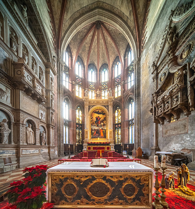 Majestic High Altar of Santa Maria dei Frari Church, Venice, with a large painting by Tiziano