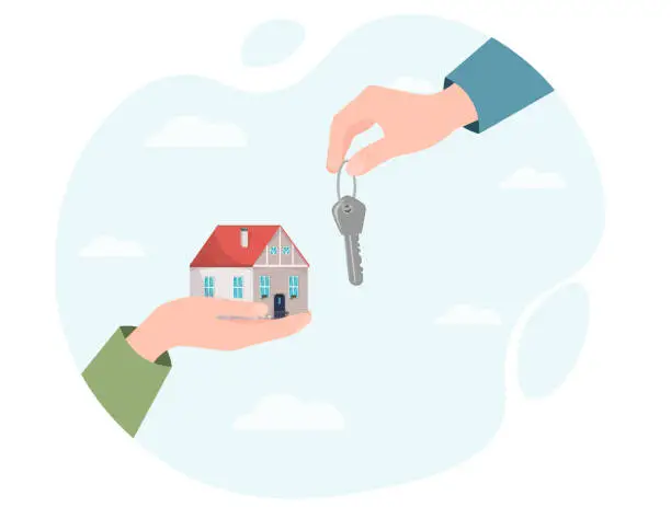 Vector illustration of Hand holding key from house, real estate agent gives keys, house rent, receiving keys from new home, buying property with mortgage, flat vector illustration