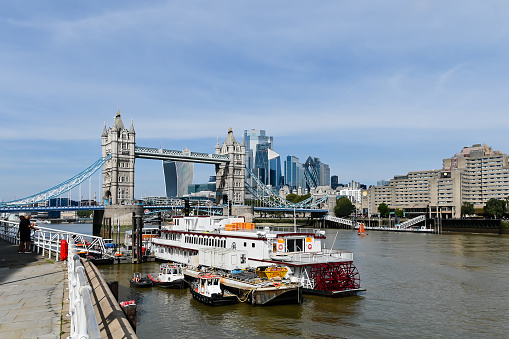 Bermondsey, London, UK - August 9th 2013: Located at Tower Bridge Moorings are the barges forming the Floating Gardens on the River Thames. In the background is Tower Bridge and the Walkie Talkie building.