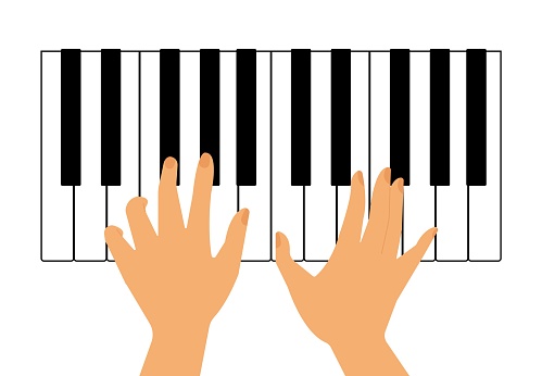 Female hands play piano. Top view. Piano keys and player hands. Piano musical instrument keyboard. Isolated.
