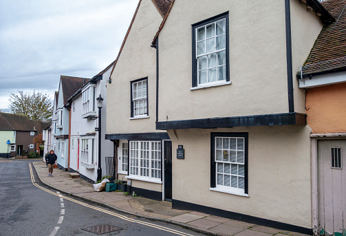 Very old houses lining West Stockwell Street in the old Dutch Quarter of Colchester in Essex, Eastern England.