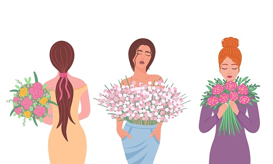 girls with bouquet of flowers. Vector Illustration for printing, backgrounds, covers and packaging. Image can be used for greeting cards, posters, stickers and textile. Isolated on white background.