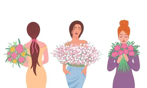 Vector illustration of girls with bouquet of flowers 2