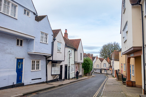 A view downhill in West Stockwell Street in the old Dutch Quarter of Colchester in Essex, Eastern England.