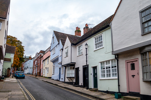A view uphill in West Stockwell Street in the old Dutch Quarter of Colchester in Essex, Eastern England, on an overcast autumn day.