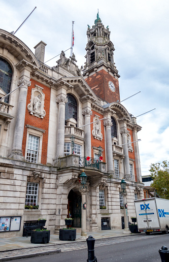 The Town Hall in the city of Colchester in Essex, Eastern England. It was constructed 1898-1902 in the Baroque style and has a 162ft tower crowned by a statue of St Helena, Colchester’s patron saint.