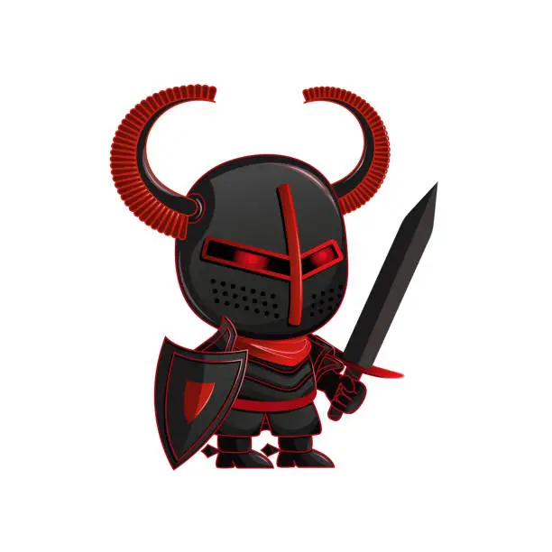 Vector illustration of A knight in black and red armour. Historical hero. A warrior wearing a helmet with a shield and sword. Character for game, and cartoon.