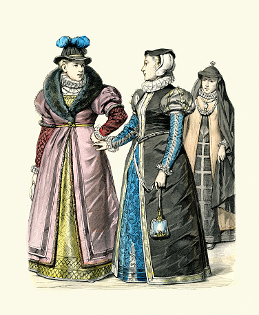 Vintage illustration, History of Fashion, Costumes of England, 16th Century. Noble women of London, 1590