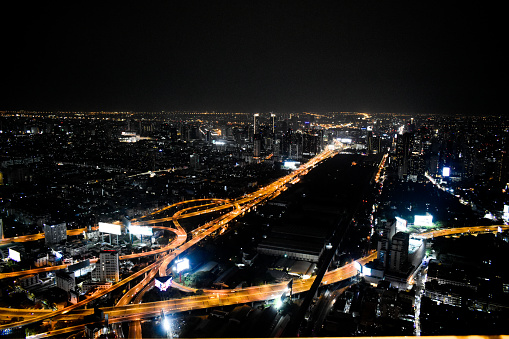 Bangkok cityscape from above at night.