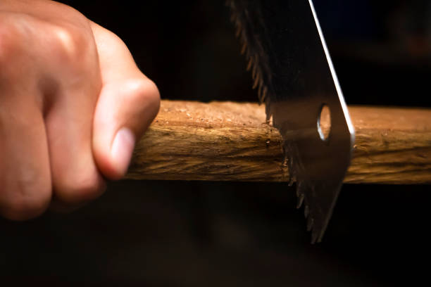 istock Carpenter's hand with saw cutting wooden planks (detail) 2028290065