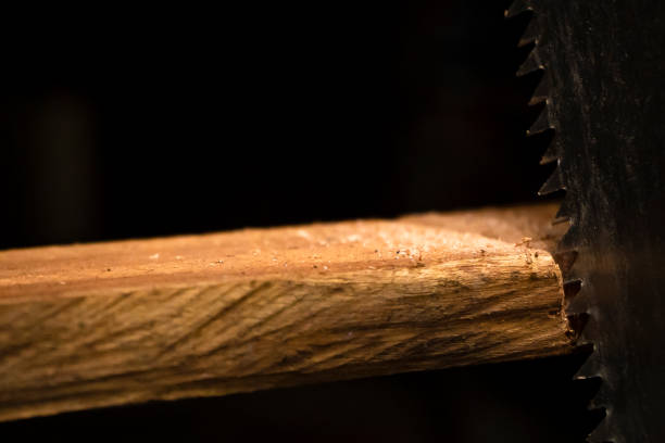 Carpenter's hand with saw cutting wooden planks (detail)