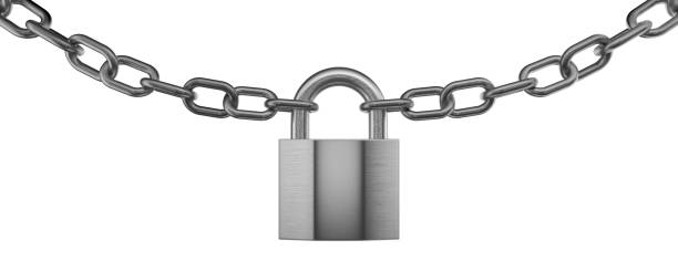 istock A metal chain hangs down and is secured with a padlock. Overlap, closure, denial. Gray metal chain and gray metal padlock. Lock concept. Encryption. 3D rendering. 2028293270