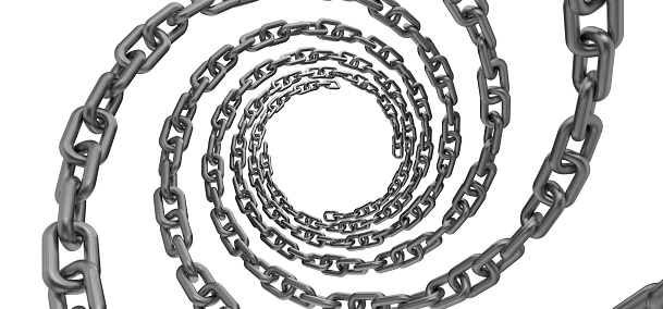 Several metal chains of different sizes. Metal chain is twisted into a spiral. Preparation of a metal chain. Metal chain on a transparent white background. 3D rendering.