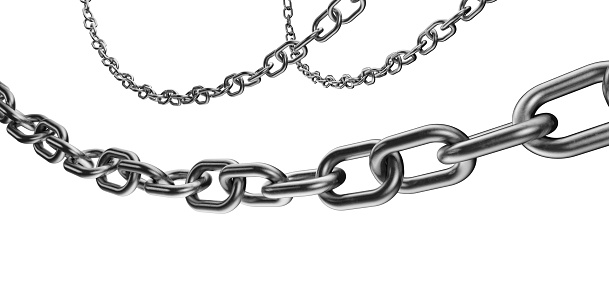 Striped padlock crisscrossing four shiny chains isolated on white background. Close up front-view, wide horizontal composition.