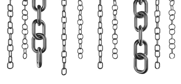 Metal chain hangs down. The ends of the metal chain hang down. Preparing a metal chain according to your design. Several metal chains of different sizes. Metal chain on a transparent white background. 3D rendering.