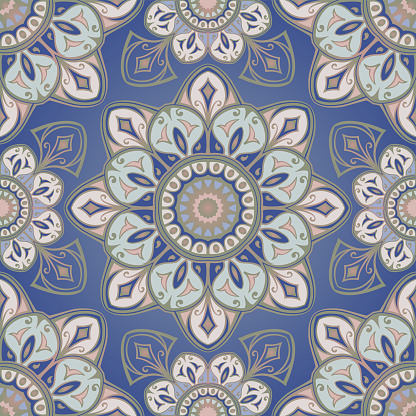 Seamless indian pattern with mandalas. Vector blue background with a contour. Template for textile, fabric, carpet, rug, vinil, wallpaper.