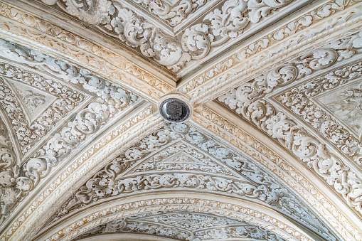 Sintra, Portugal - Oct. 3, 2023: The ceiling of Pena Palace room - Palácio Nacional da Pena, Sintra, Portugal.