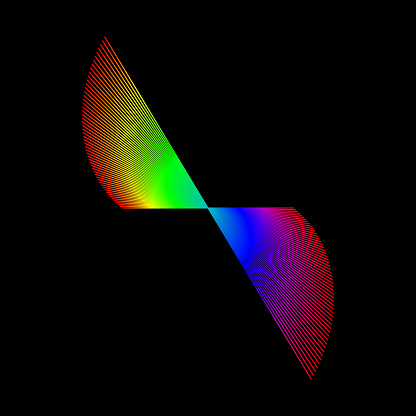 Vibrant rainbow-colored lines create the illusion of a butterfly on a black background, showcasing a spectrum.