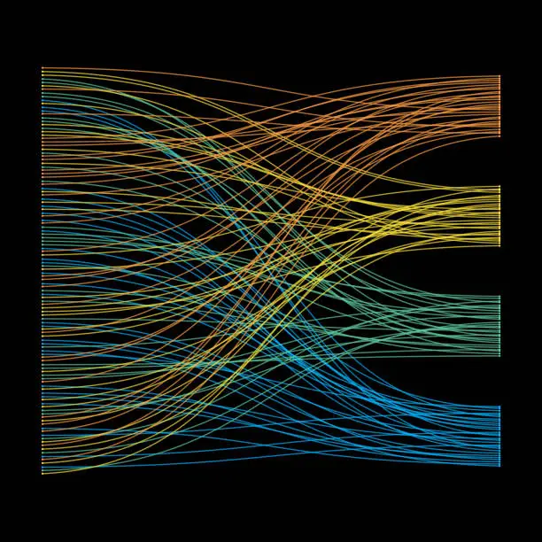 Vector illustration of Multi colored random data ordered into four colored lanes. Dot ends.