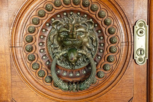 Old lion door knocker on wooden door in Savoca Sicily Italy