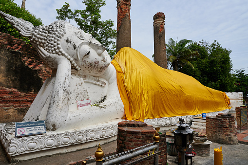 Giant reclining Buddha statue at Wat Yai Chai Mongkhon. Ayutthaya. Thailand.