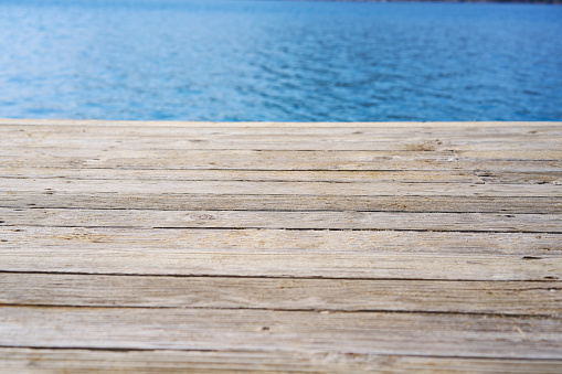 vintage wooden deck floor walk site waterfront pier horizontal simple background space with water surface outside view without people here