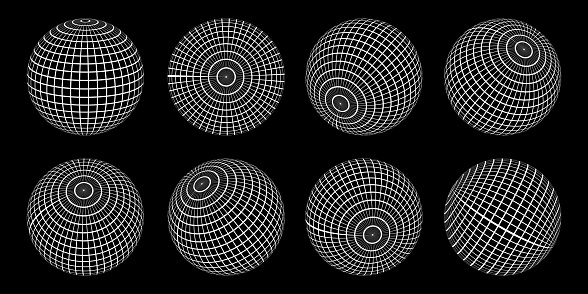 Globe mesh spheres collection. Striped 3D spheres, globe geometric mesh, Earth latitude and longitude vector symbol set. Spherical globe shape mesh. Striped globe illustration