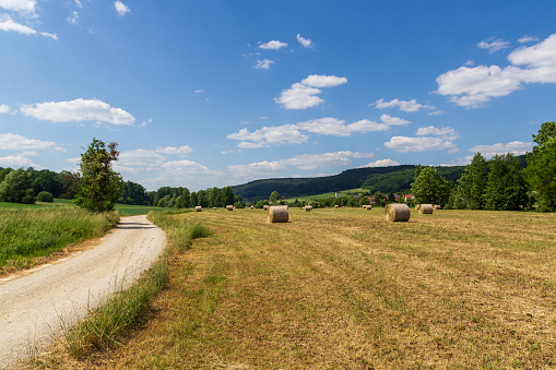 Rural scene with round hay bales, hill panorama and hiking path near village Wannbach in Franconian Switzerland, Germany