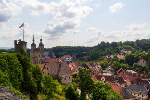 panorama view with pilgrimage site basilica minor in gößweinstein and townscape in franconian switzerland, bavaria, germany - gößweinstein fotografías e imágenes de stock