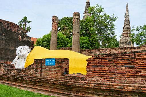 Giant reclining Buddha statue at Wat Yai Chai Mongkhon. Ayutthaya. Thailand.