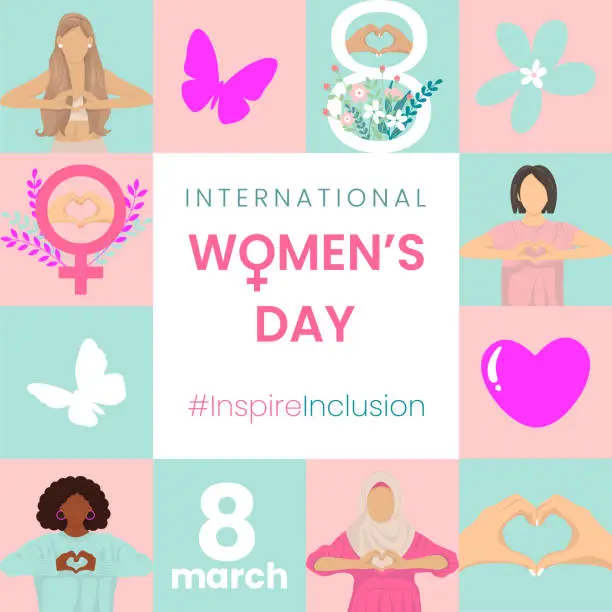 Vector illustration of #InspireInclusion 2024 campaign. International Women's Day vector geometric pattern for greeting card, poster, flyer, wrapping with women hand gesture as heart shape, flowers, butterflies and text.