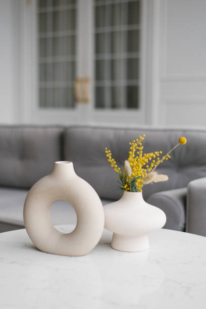 istock Two decorative ceramic modern round mimosa vases with a hole inside on the table in the living room 2028352723