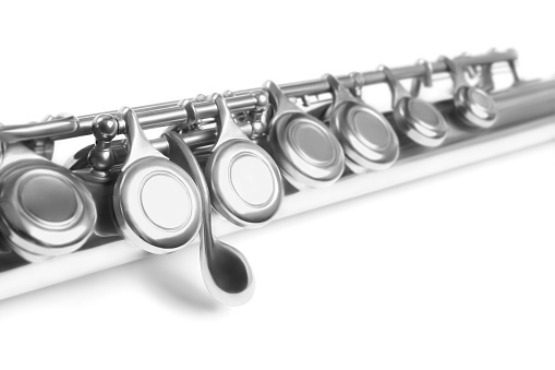 Flute music. Flute instrument close up isolated on white