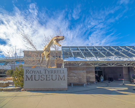 Drumheller, Alberta, Canada. Feb 19, 2024. The signage of the Royal Tyrrell Museum positioned at the main entrance of the principal building.