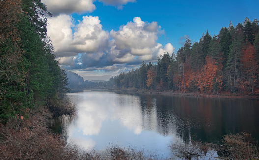 Bozcaarmut lake in Bilecik Turkey. Lake reflections accompanied by a magnificent forest view.